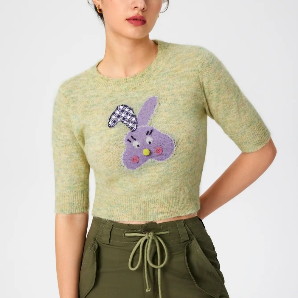 Cute Pastel Green Crop Sweater with Purple Bunny